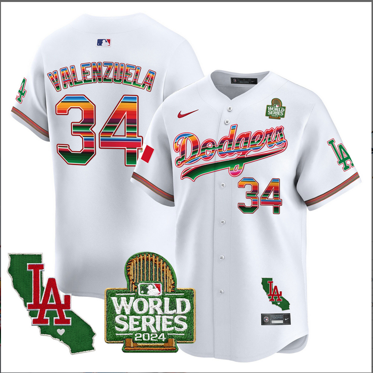 Men MLB Mexico Los Angeles Dodgers #34 Valenzuela white 2024 World Series Champions Patch Jersey 20241105